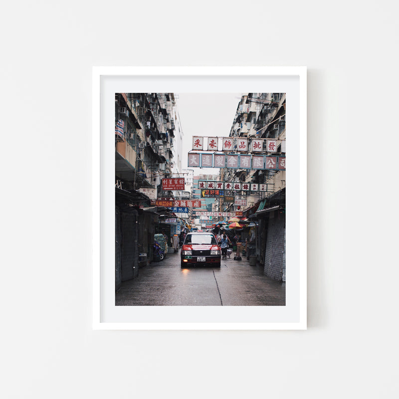 Elaine Li - Street Photography Art of a Hong Kong taxi in Sham Shui Po - White Art Wood Frame