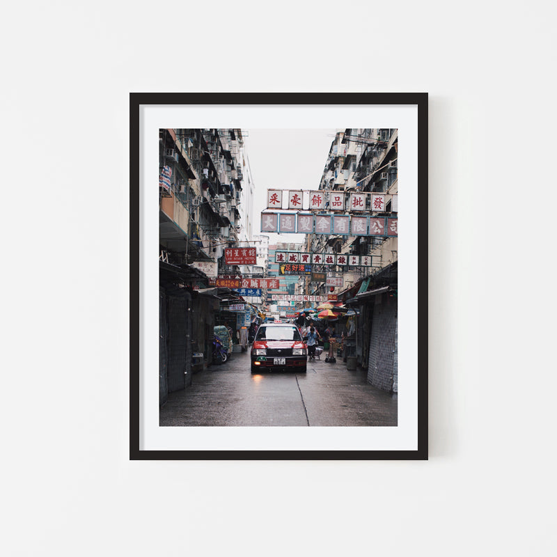Elaine Li - Street Photography Art of a Hong Kong taxi in Sham Shui Po - Black Art Wood Frame