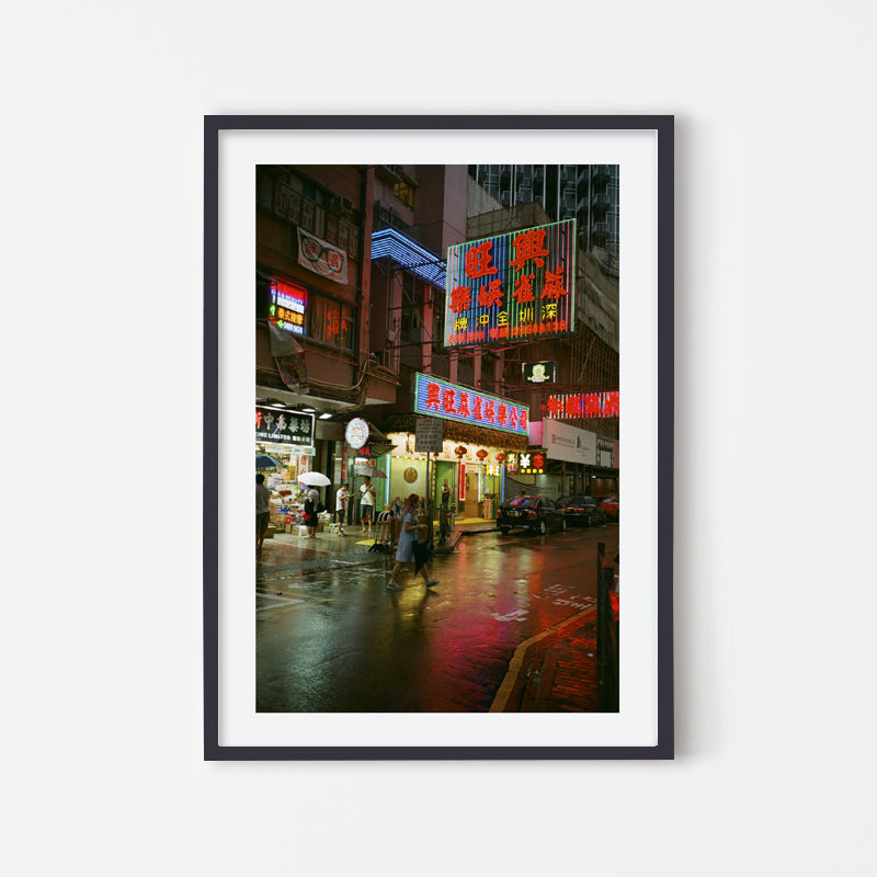 Gideon de Kock - Film Photography Art of Hong Kong Street at night with neon light - Black Art Wood Frame