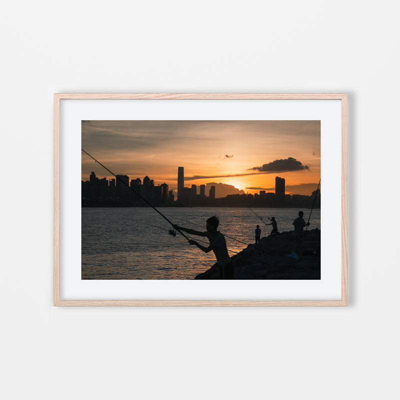 Jeremy Cheung - Hong Kong Photography Art of Fishermen at sunset by rambler15 - Natural Art Wood Frame
