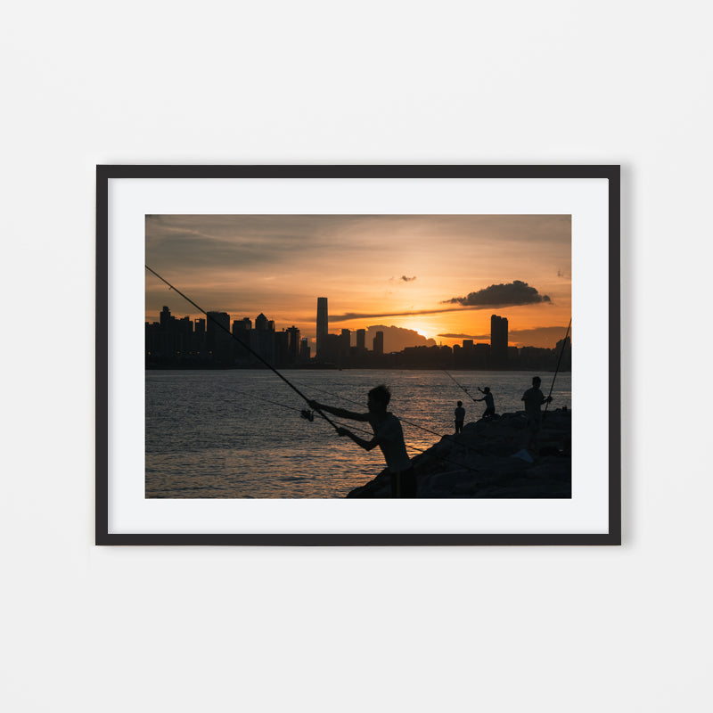 Jeremy Cheung - Hong Kong Photography Art of Fishermen at sunset by rambler15 - Black Art Wood Frame