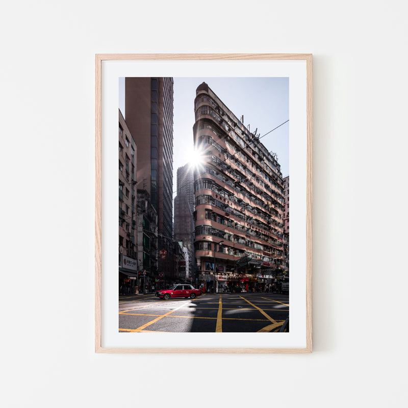 Kevin Mak - City Street Photography Art with hong kong taxi at sunset with Architure - Natural Art Wood Frame