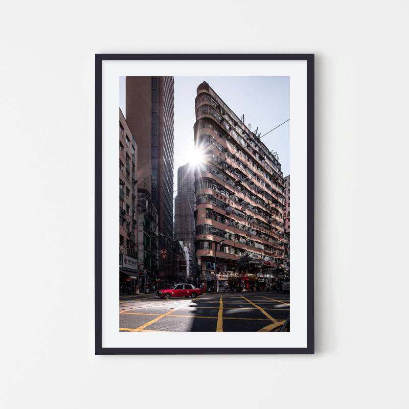 Kevin Mak - City Street Photography Art with hong kong taxi at sunset with Architure - Black Art Wood Frame