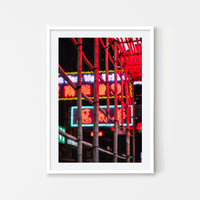 Kevin Mak - City Photography Art in Hong Kong of Bamboo Neon Sign on Street - Architure White Art Wood Frame