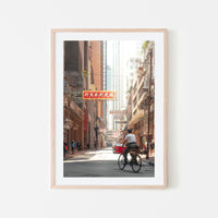 Kevin Mak - Street Photography Art in Hong Kong signboards and man on bike wth architecture - Natural Art Wood Frame