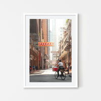 Kevin Mak - Street Photography Art in Hong Kong signboards and man on bike wth architecture - White Art Wood Frame
