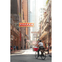 Kevin Mak - Street Photography Art in Hong Kong signboards and man on bike wth architecture - Fine Art Print