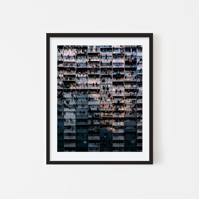 Kevin Mak - City Photography Art old Hong Kong building at sunset on street with Architecture - Black Art Wood Frame