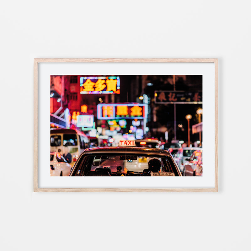 Vivien Liu - Street Photography Art of Hong Kong taxi at night neon light by vdubl - Natural Art Wood Frame