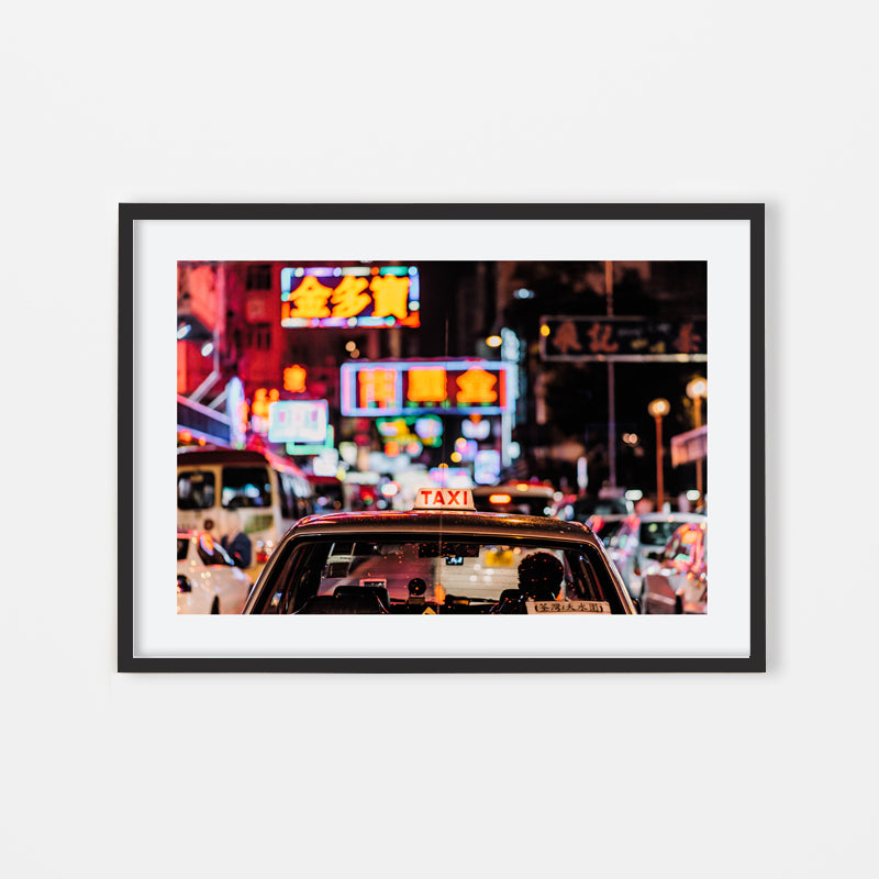 Vivien Liu - Street Photography Art of Hong Kong taxi at night neon light by vdubl - Black Art Wood Frame