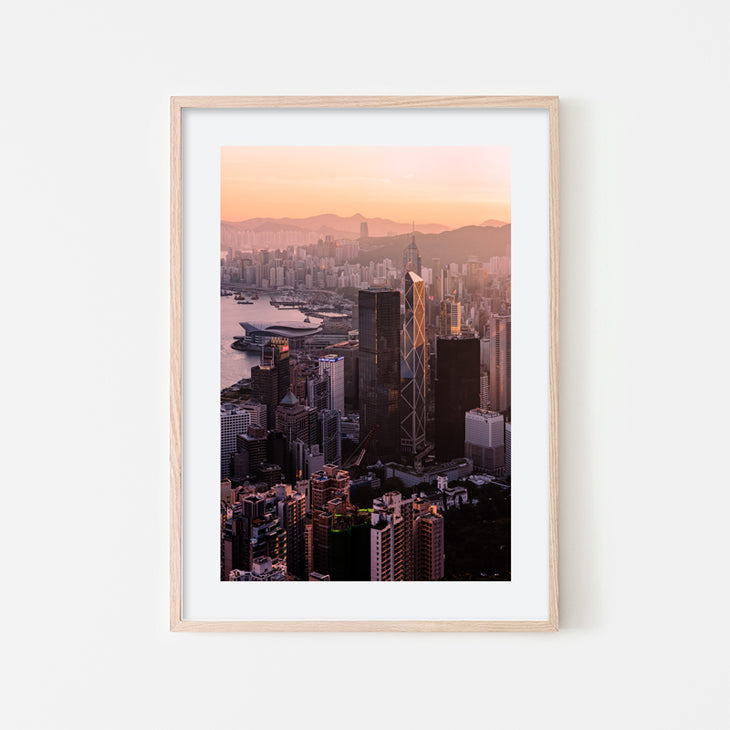 Vivien Liu - Street Photography Art of Hong Kong skyline back of china at sunset by vdubl - Natural Art Wood Frame