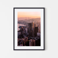 Vivien Liu - Street Photography Art of Hong Kong skyline back of china at sunset by vdubl - Black Art Wood Frame