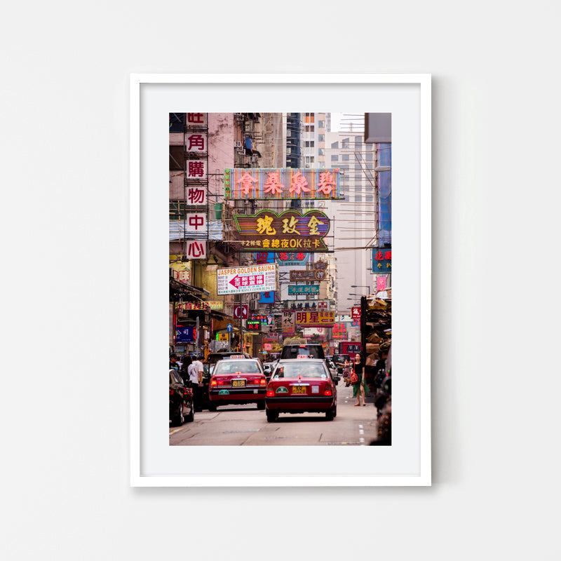 Vivien Liu - Street Photography Art of Hong Kong taxi and traditional signboards by vdubl - White Art Wood Frame