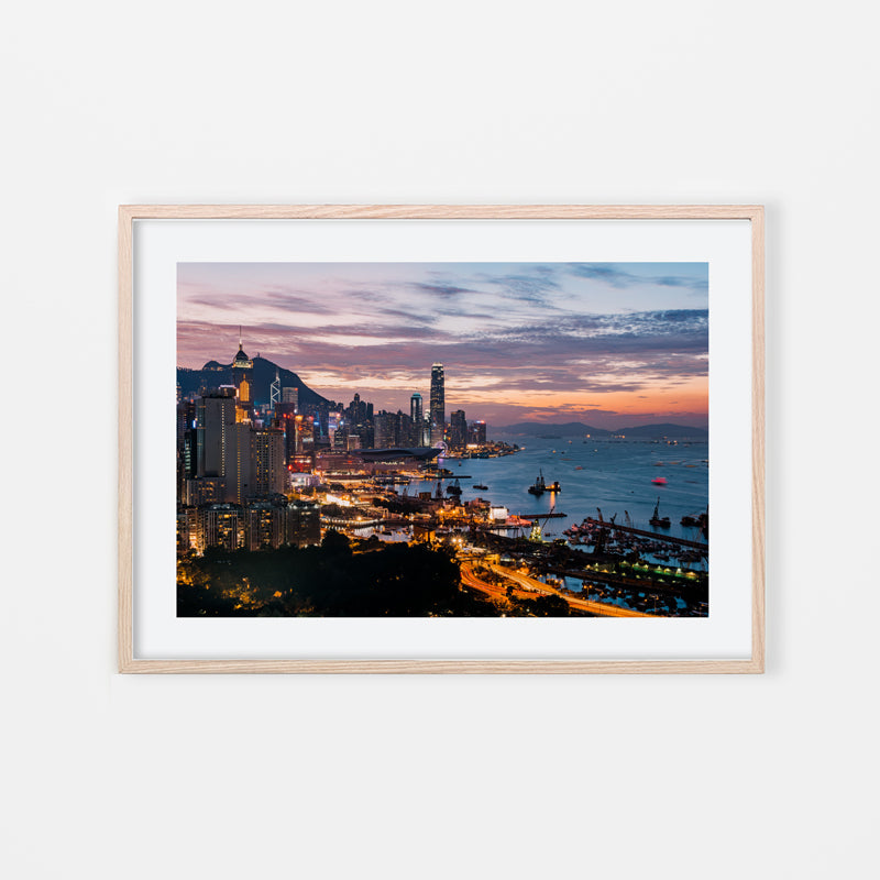 Vivien Liu - Street Photography Art of Hong Kong skyline at sunset and night by vdubl - Natural Art Wood Frame