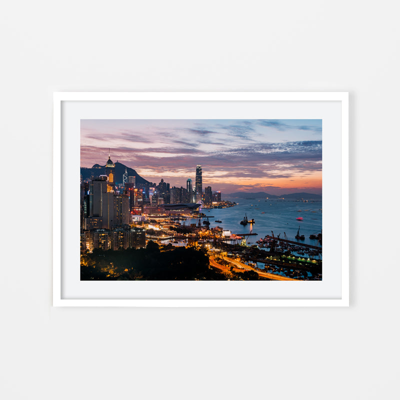 Vivien Liu - Street Photography Art of Hong Kong skyline at sunset and night by vdubl - White Art Wood Frame