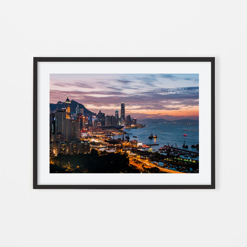 Vivien Liu - Street Photography Art of Hong Kong skyline at sunset and night by vdubl - Black Art Wood Frame